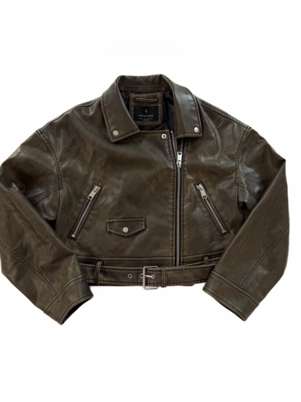 Stradivarius Jacket Womens Large Green Faux Leather Moto